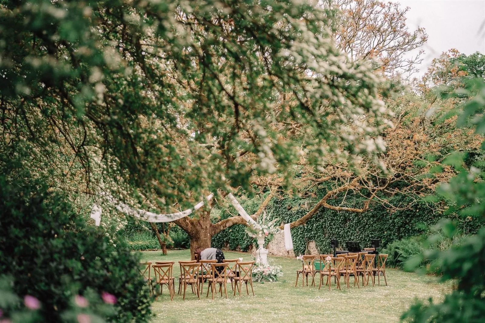 Ceremony setup under the walnut tree at Treseren